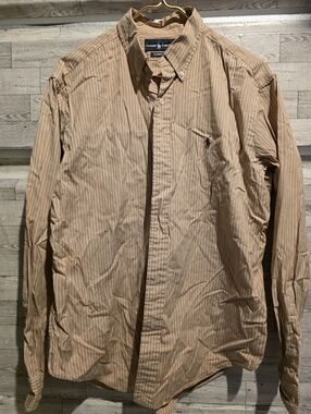 Ralph Lauren Men’s Tan Pinstripe Button-Down Dress Shirt